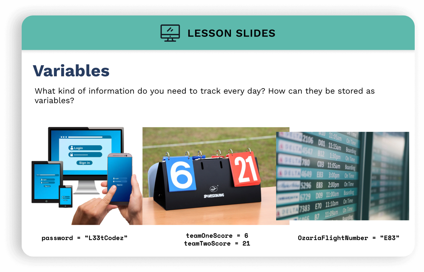 Example lesson slide. Text says 'Map Design. Use the objects on the map & below to design your own maze.' Image of a blank grassy map with trees and rocks for student to place.