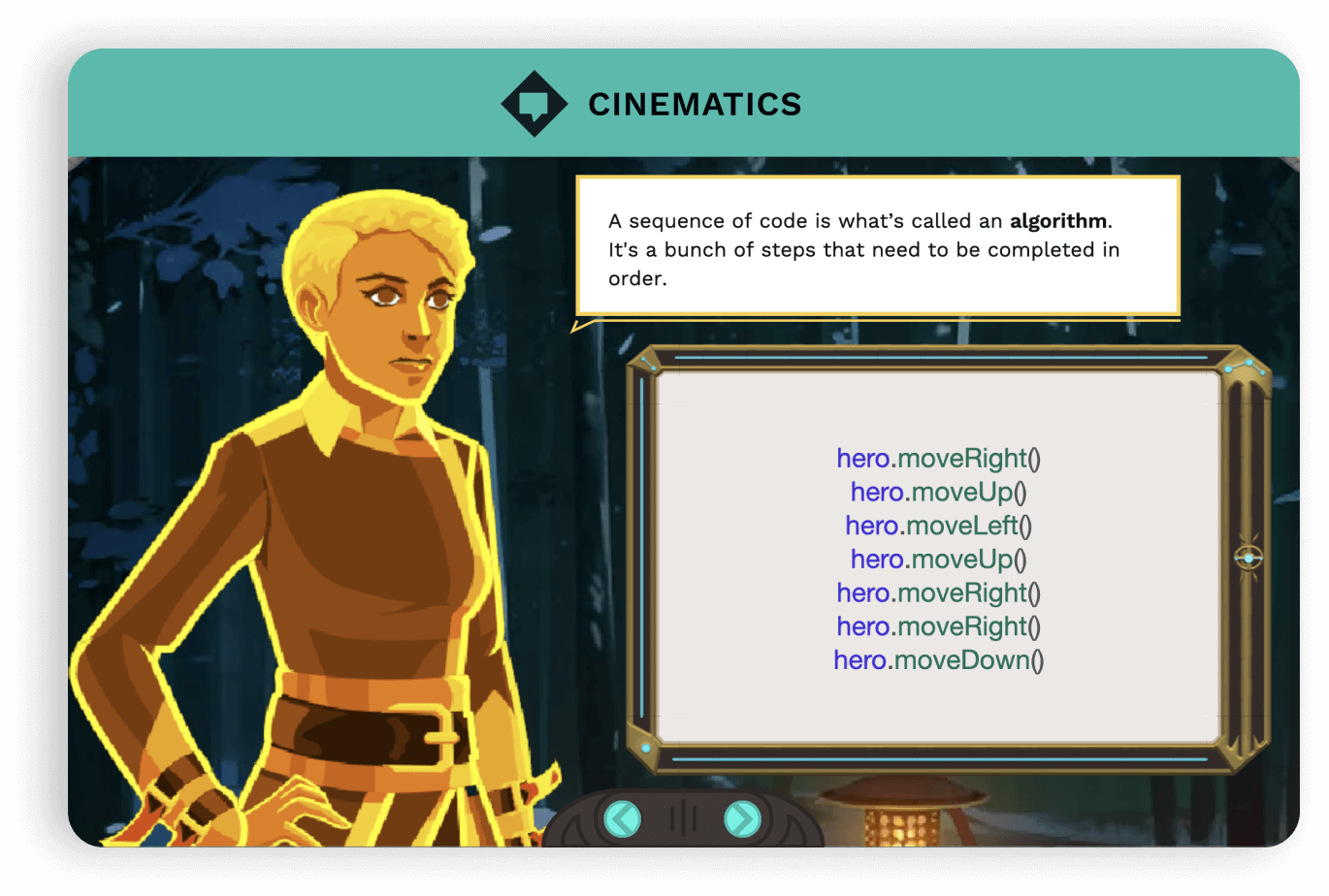 Example of cinematic. Close up of Vega character with speech bubble that says 'A sequence of code is what's called an algorithm. It's a bunch of steps that need to be completed in order.'